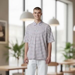 PETER MILLAR MENS  White BROWN and Blue striped golf polo size large sports